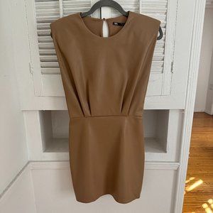 ZARA Faux Leather Tan Brown Sleeveless Mini Dress with Shoulder Pads, Size S